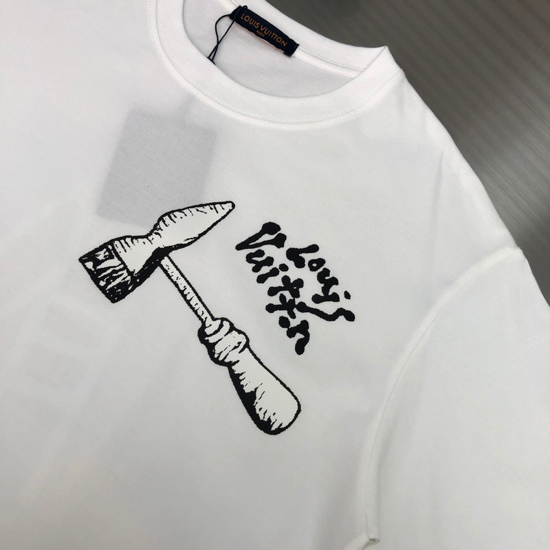 Close-up detail shot of Louis Vuitton cotton t-shirt with logo-detail design