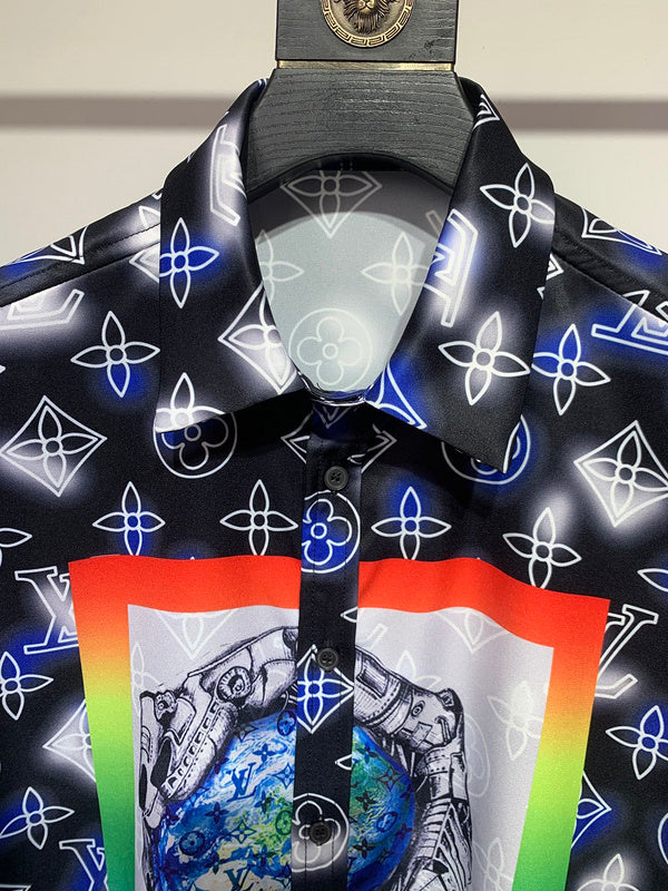 Close-up detail shot of Louis Vuitton cotton t-shirt with signature branding