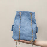 Chanel 25 Denim Backpack detail shot – authentic designer craftsmanship