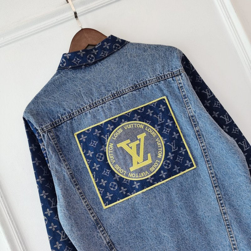 Close-up detail shot of Louis Vuitton luxury clothing with logo-detail design