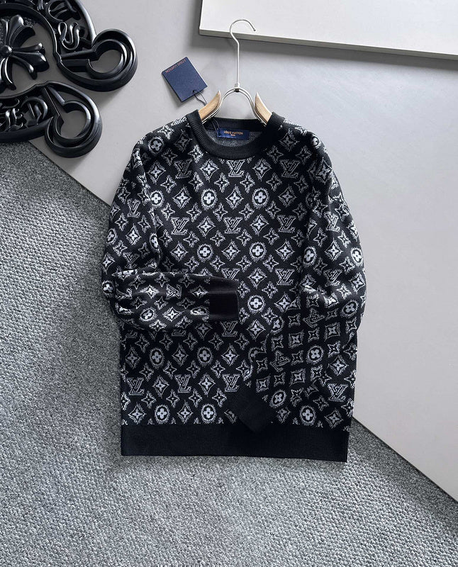 Full styled look of Louis Vuitton luxury clothing with logo-detail design