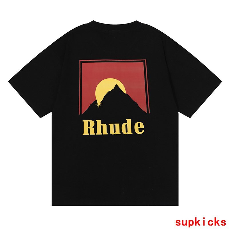 Close-up detail shot of Rhude luxury clothing with streetwear-inspired cut