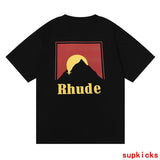 Close-up detail shot of Rhude luxury clothing with streetwear-inspired cut