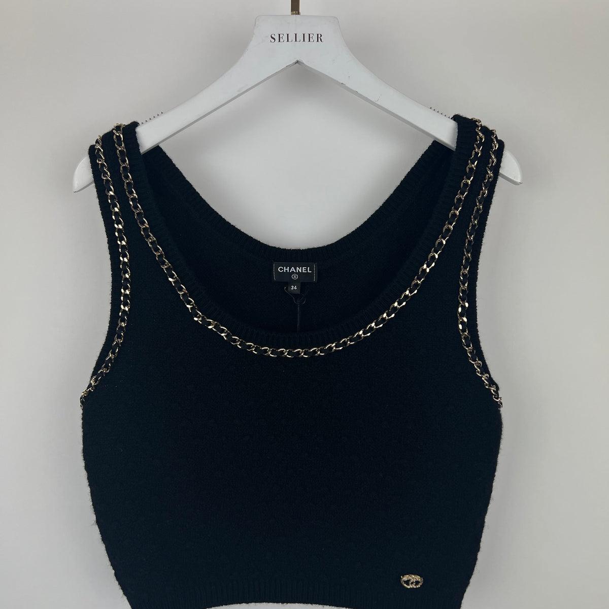 Chanel Sweaters? Chanel 23B Black Cashmere Knit Tank Top with Gold Chain and Logo Detail Size FR 34 (UK 6) RRP ¬£2150 Premium Casual Designer Knitwear