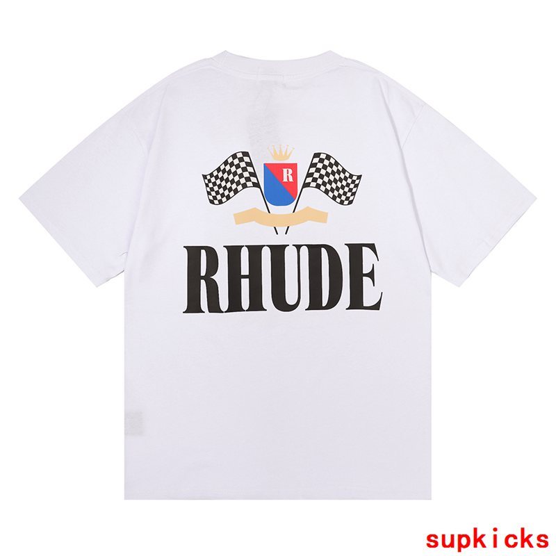 Close-up detail shot of Rhude luxury clothing with everyday silhouette