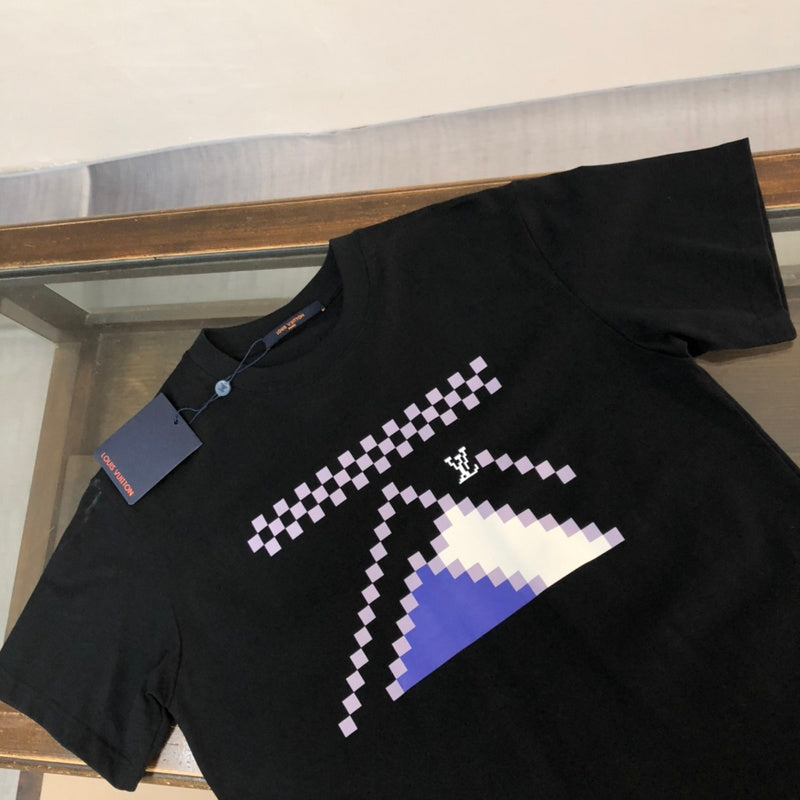 Close-up detail shot of Louis Vuitton cotton t-shirt with runway-inspired design
