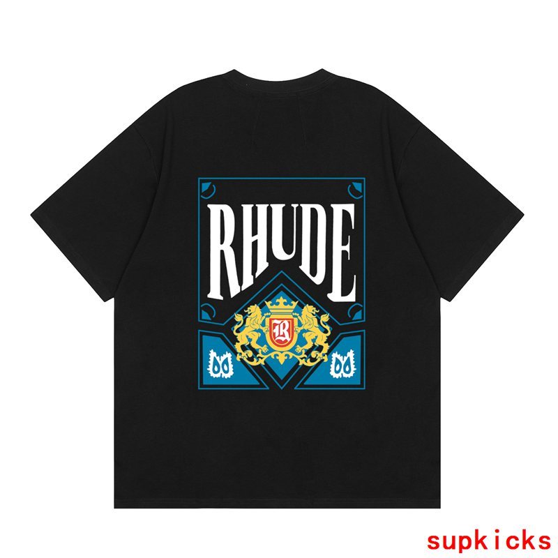 Front view of Rhude luxury clothing with monogram-inspired silhouette