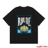 Front view of Rhude luxury clothing with monogram-inspired silhouette
