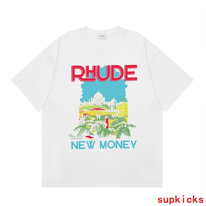 Back view of Rhude luxury clothing with signature branding