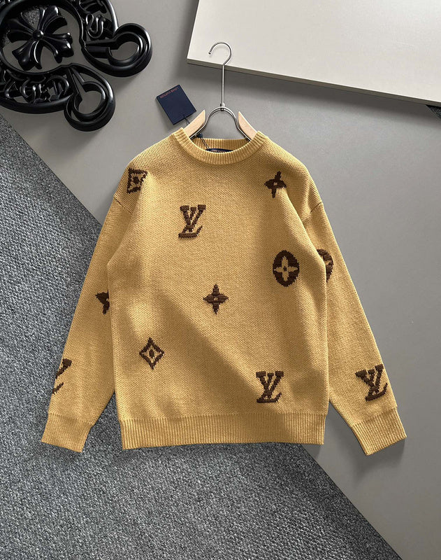Front view of Louis Vuitton luxury clothing with signature branding