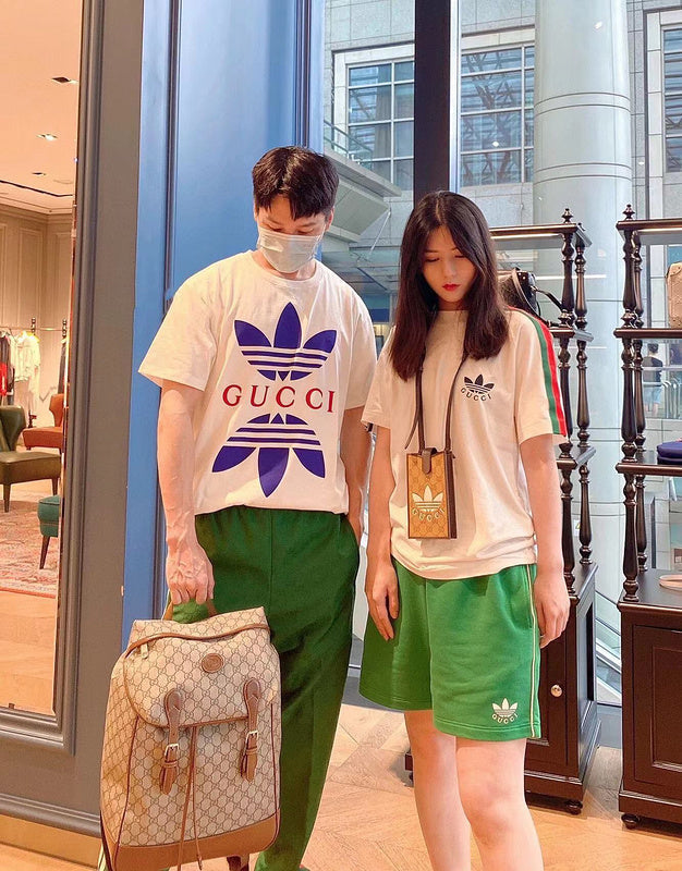 Front view of Gucci luxury clothing with signature branding