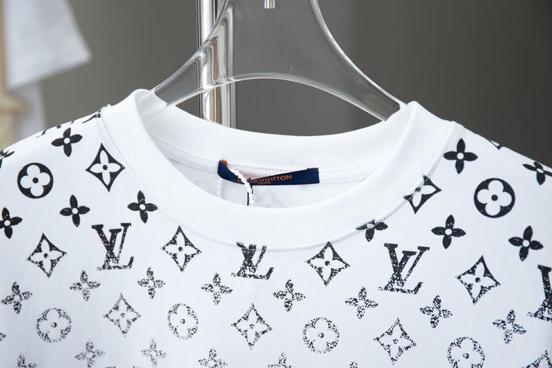 Close-up detail shot of Louis Vuitton cotton t-shirt with signature branding