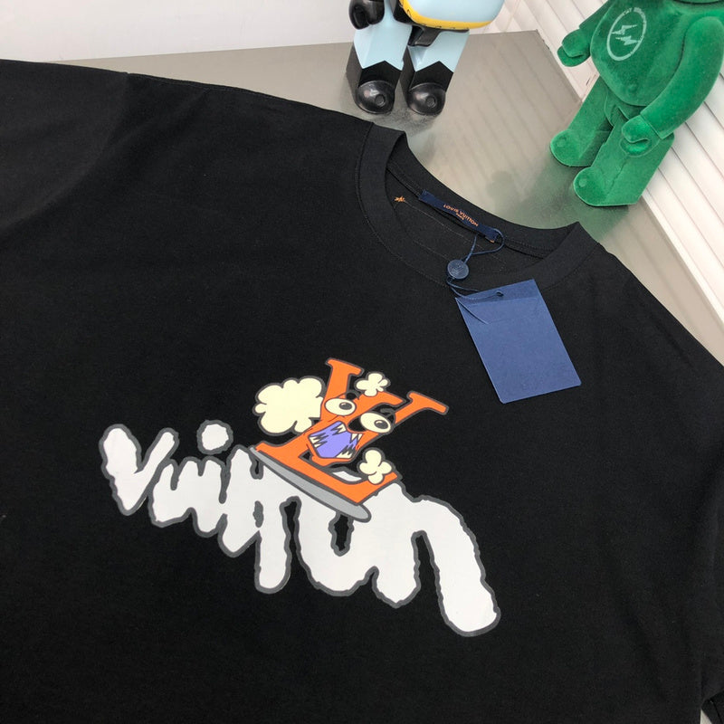 Close-up detail shot of Louis Vuitton cotton t-shirt with logo-detail design