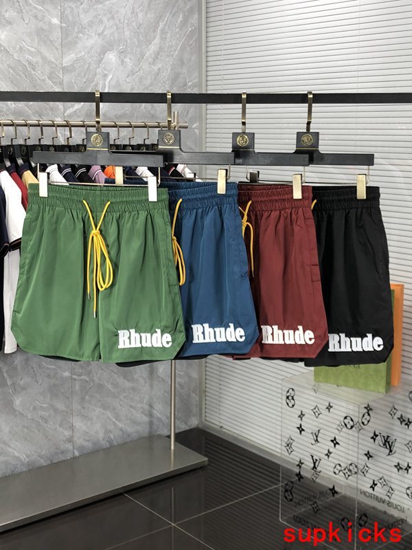 Side profile of Rhude luxury clothing with label-forward styling