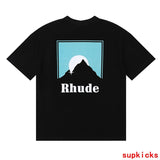 Close-up detail shot of Rhude luxury clothing with contemporary cut