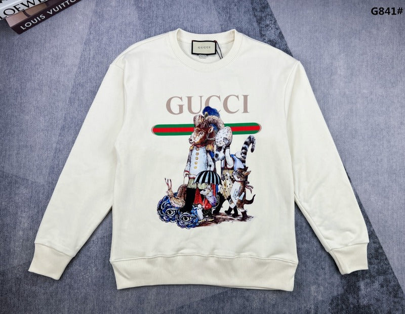 Front view of Gucci luxury clothing with signature branding