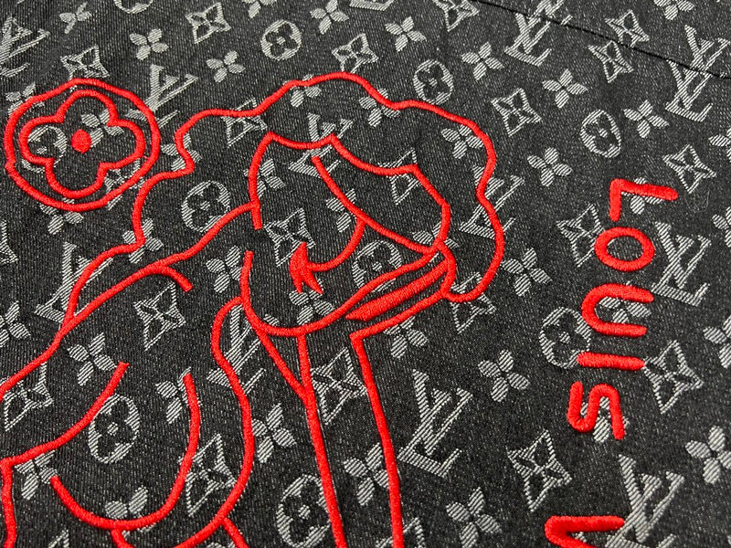 Front view of Louis Vuitton luxury clothing with signature branding