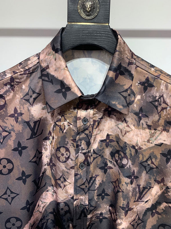 Close-up detail shot of Louis Vuitton cotton t-shirt with signature branding