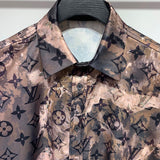 Close-up detail shot of Louis Vuitton cotton t-shirt with signature branding
