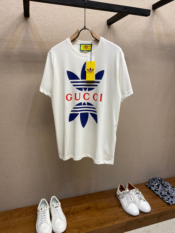 Front view of Gucci luxury clothing with signature branding