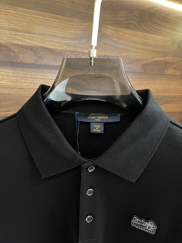 Front view of Louis Vuitton luxury clothing with label-forward styling