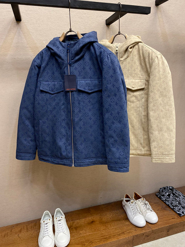 Close-up detail shot of Louis Vuitton luxury clothing with contemporary cut