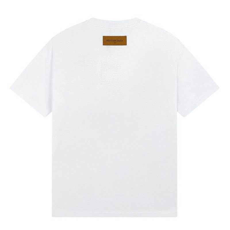 Close-up detail shot of Louis Vuitton cotton t-shirt with logo-detail design
