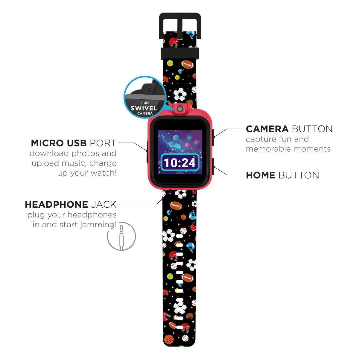 Close-up detail view of PlayZoom unisex black watch