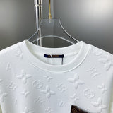 Close-up detail shot of Louis Vuitton luxury clothing with label-forward styling