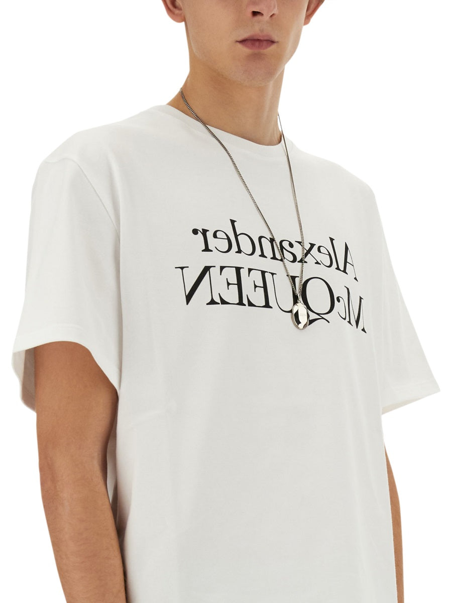 Close-up of Alexander McQueen tee shirts hardware and fine stitching