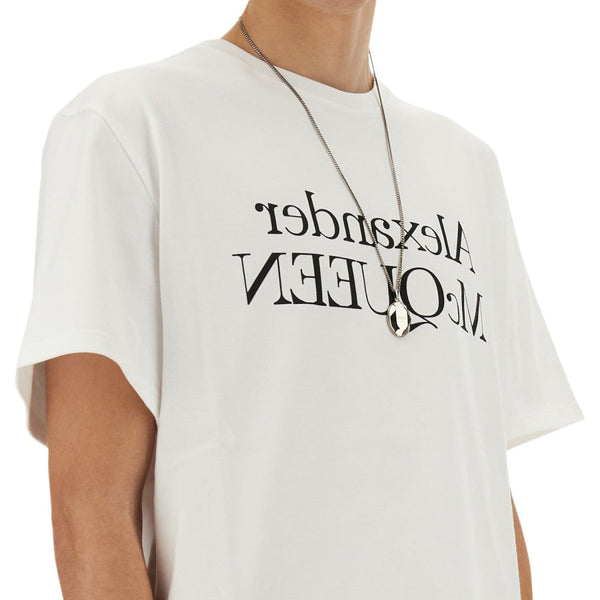 Close-up of Alexander McQueen tee shirts hardware and fine stitching