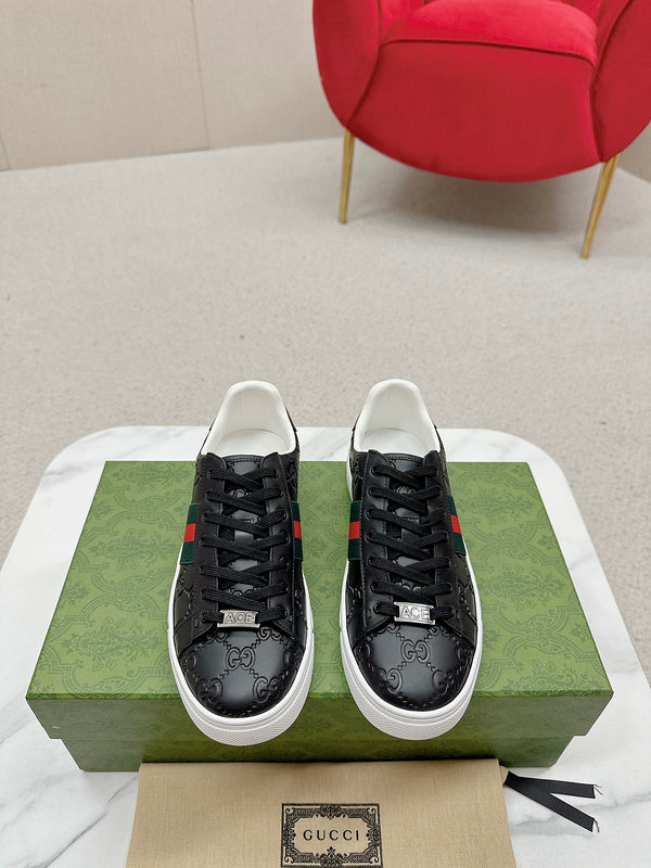 Side profile of Gucci classic monochrome sneakers heritage-inspired look