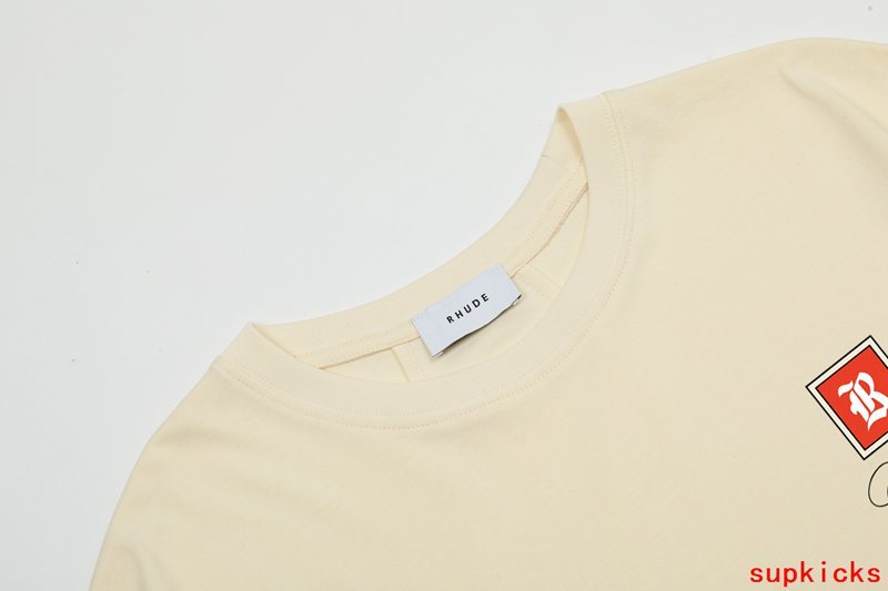 Side profile of Rhude luxury clothing with signature branding