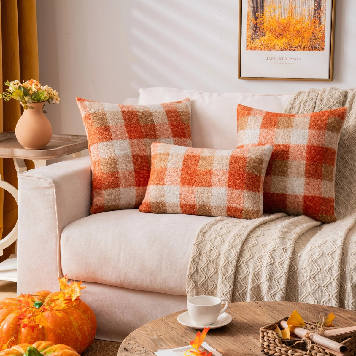 Orange Plaid Fall Throw Pillow Covers Set of 2