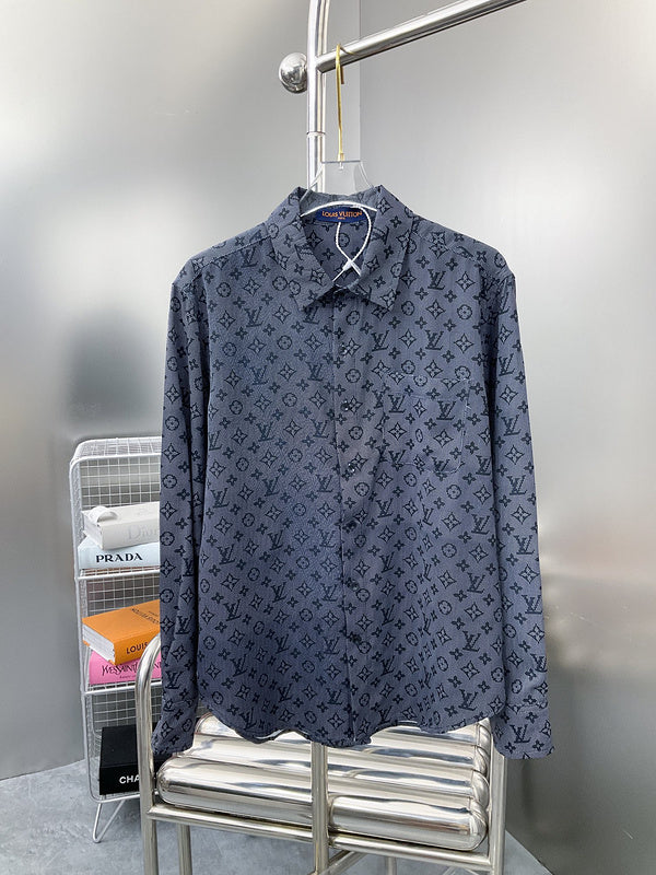Front view of Louis Vuitton luxury clothing with label-forward styling