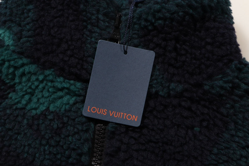 Close-up detail shot of Louis Vuitton luxury clothing with label-forward styling