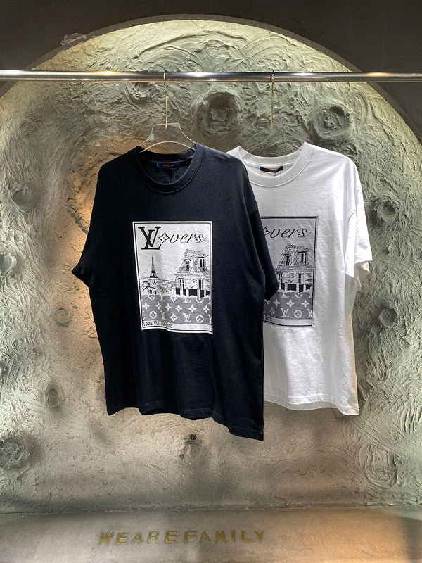 Close-up detail shot of Louis Vuitton cotton t-shirt with runway-inspired design