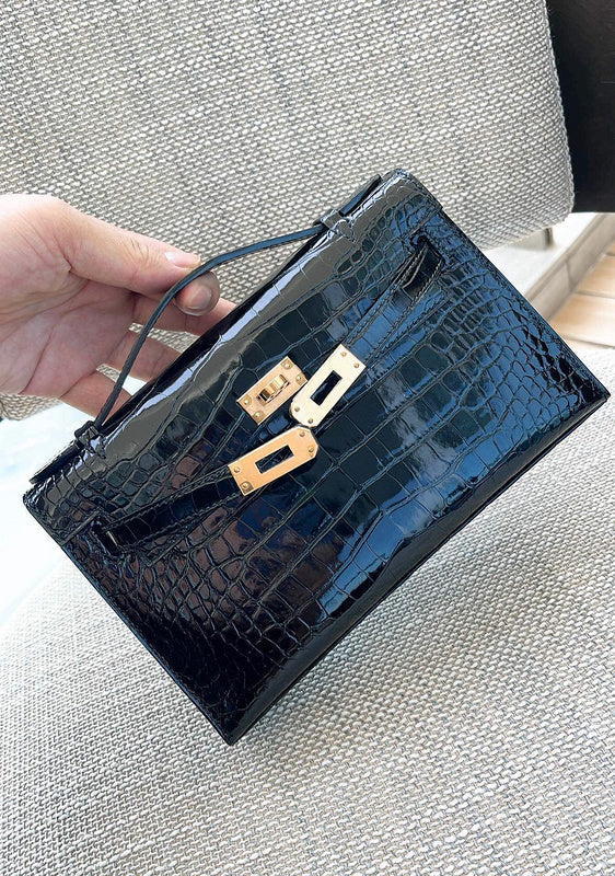Side view of polished structured handbag