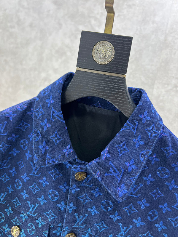 Close-up detail shot of Louis Vuitton luxury clothing with label-forward styling