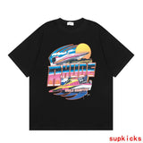 Front view of Rhude luxury clothing with signature branding