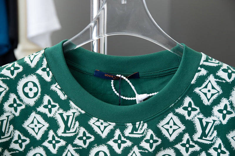 Close-up detail shot of Louis Vuitton cotton t-shirt with monogram-inspired silhouette