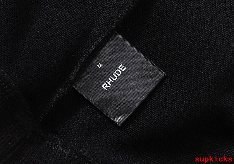 Back view of Rhude luxury clothing with signature branding
