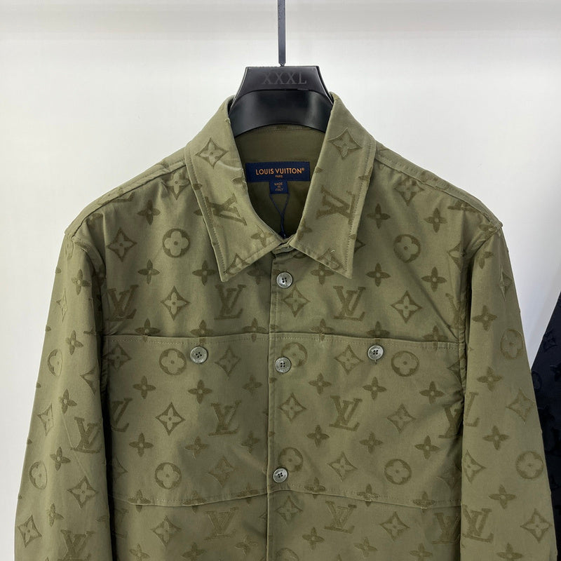 Close-up detail shot of Louis Vuitton luxury clothing with runway-inspired design