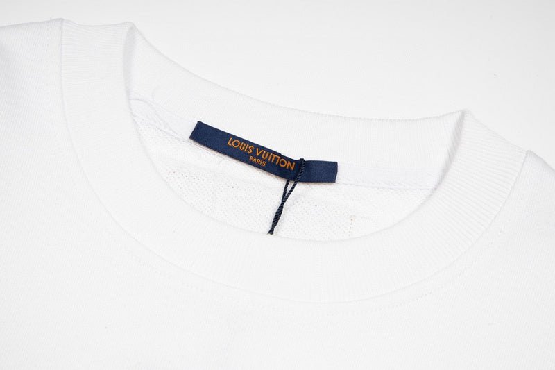Flat lay presentation of Louis Vuitton luxury clothing with logo-detail design