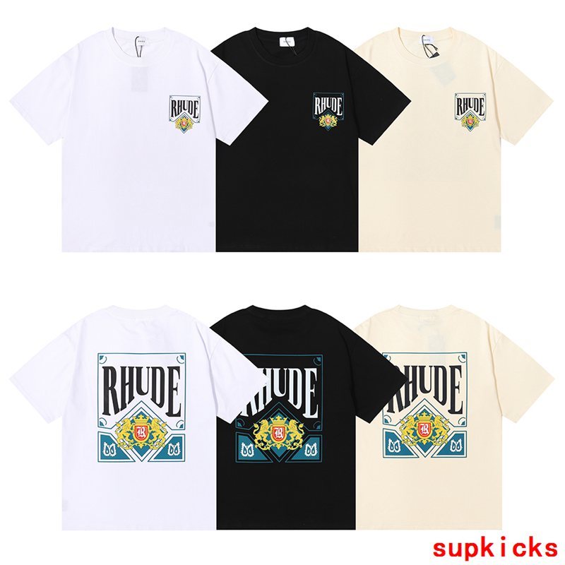 Front view of Rhude luxury clothing with monogram-inspired silhouette