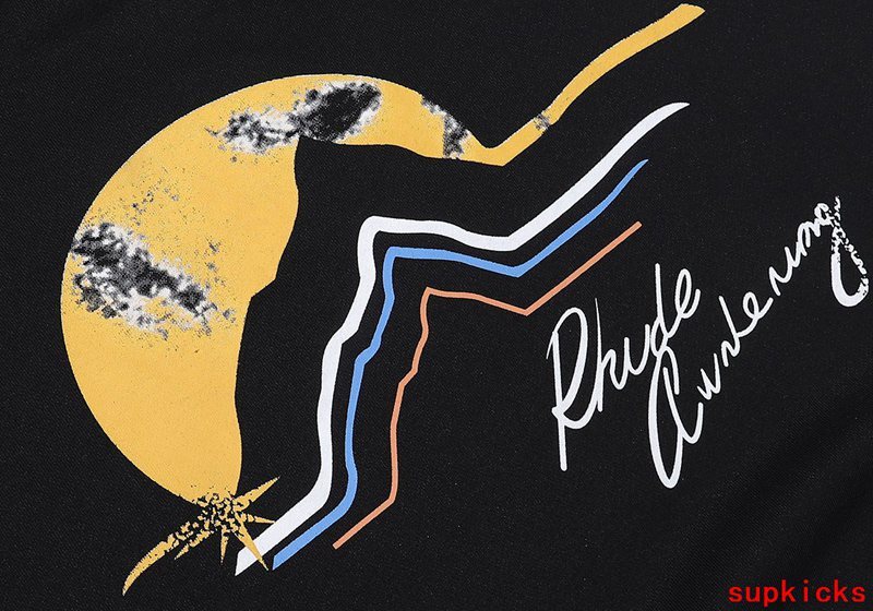 Front view of Rhude luxury clothing with signature branding