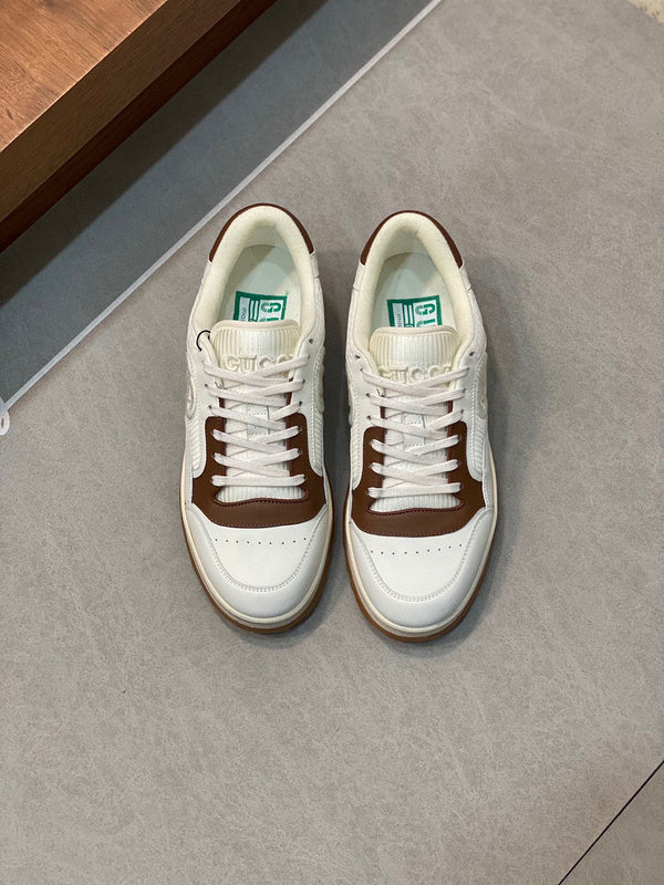 Side profile of Gucci stone beige sneakers premium leather build