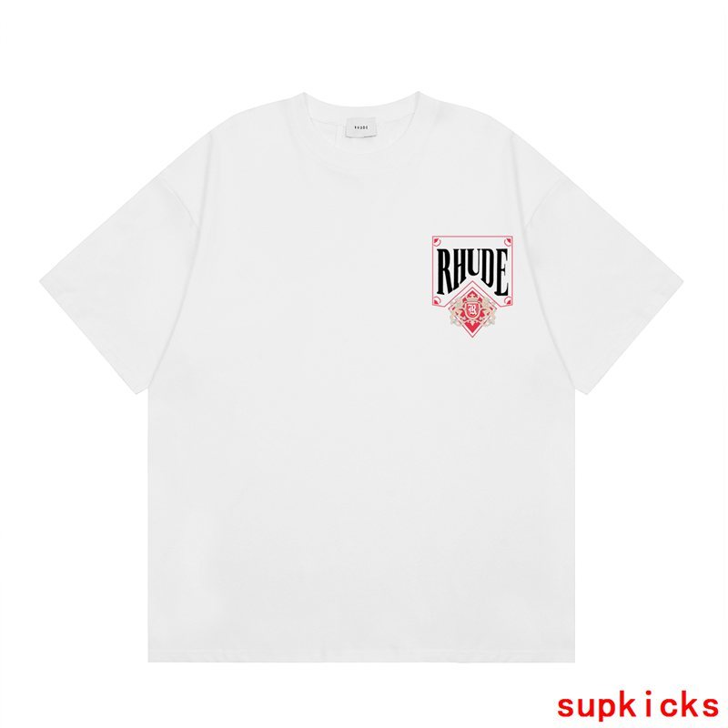 Flat lay presentation of Rhude luxury clothing with monogram-inspired silhouette