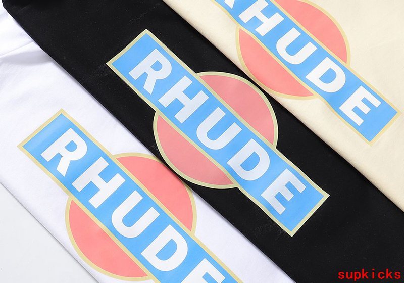 Close-up detail shot of Rhude luxury clothing with label-forward styling