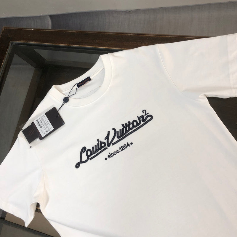 Close-up detail shot of Louis Vuitton cotton t-shirt with runway-inspired design